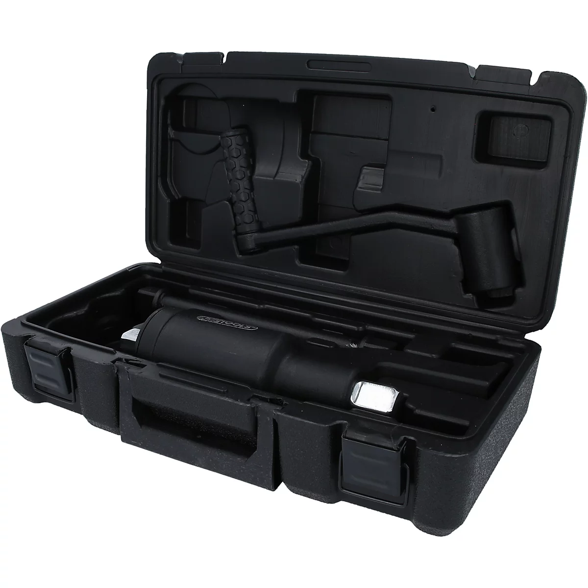 Schwarzer Werkzeugkoffer, geöffnet. Enthält verschiedene Werkzeuge.